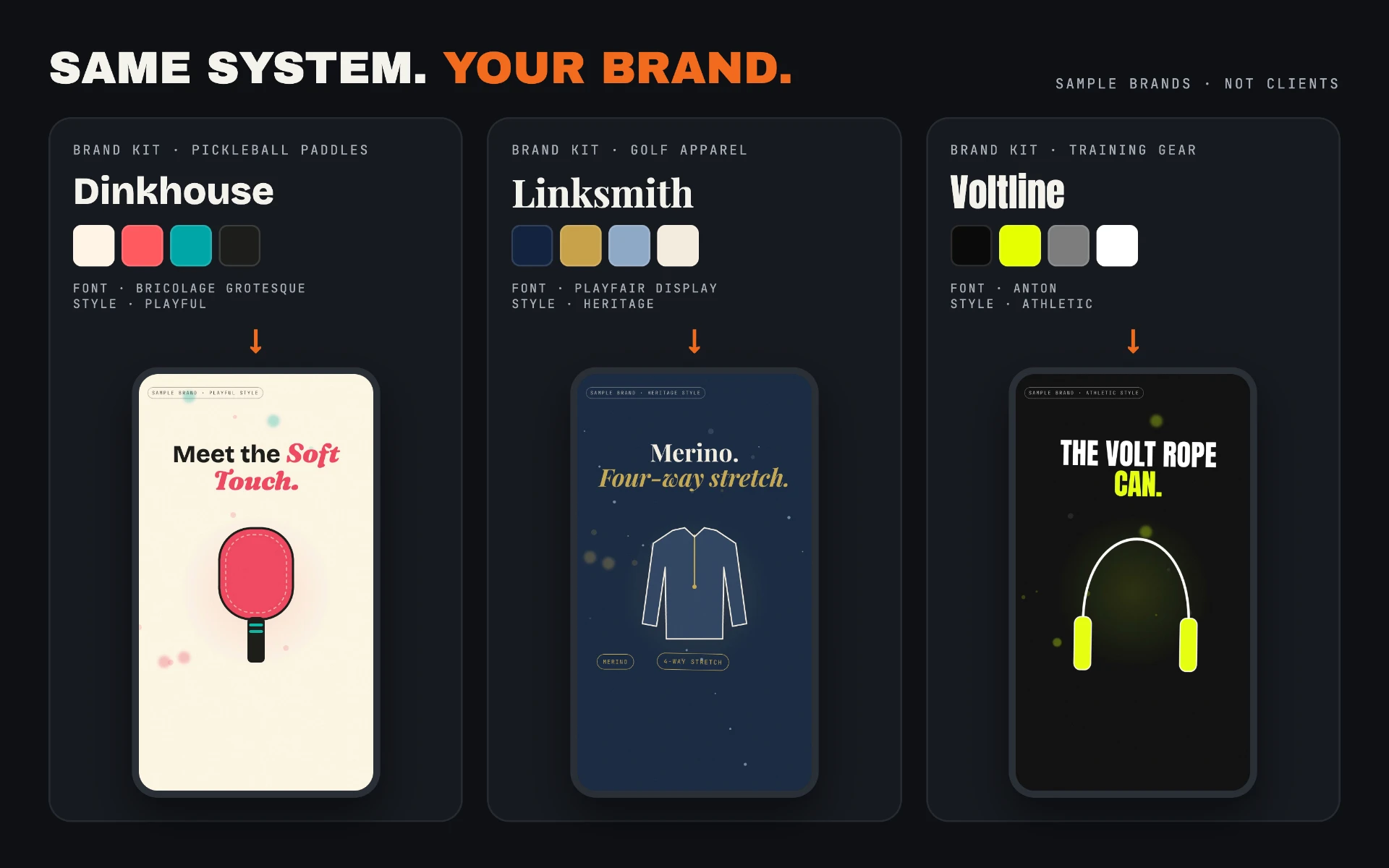 Three sample brands, three brand kits, three different ads